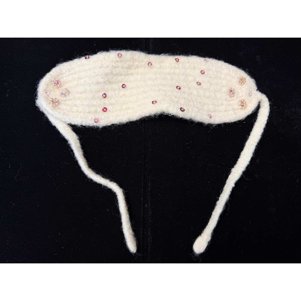 Vintage Truly Virgin Wool Beaded Doll Headband Cream Knit Tie Back Ear Warmer